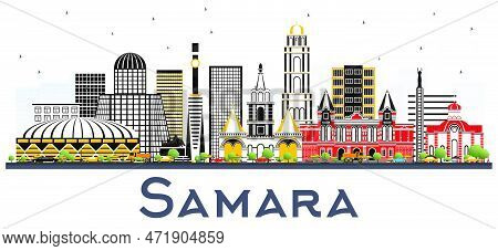 Samara Russia City Skyline With Color Buildings Isolated On White. Vector Illustration. Business Tra