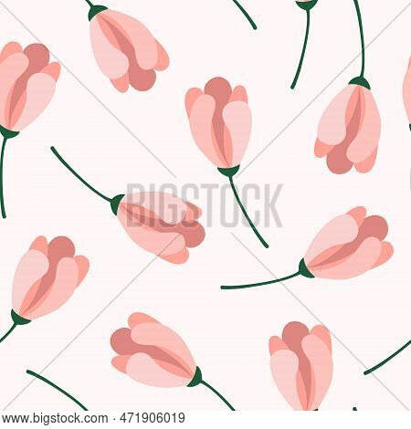 Womens History Month Seamless Pattern. Illustration Of Soft Pink Hand Drawn Flowers.