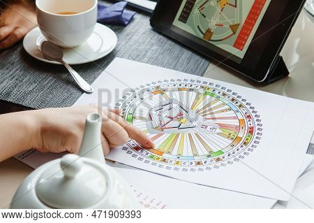 Tver, Russia - February 12, 2023: A Woman At The Table Is Studying A Rave Mandala By Human Design. R