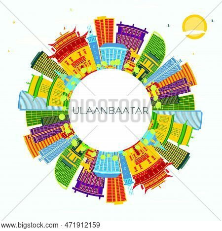Ulaanbaatar Mongolia City Skyline With Color Buildings, Blue Sky And Copy Space. Vector Illustration