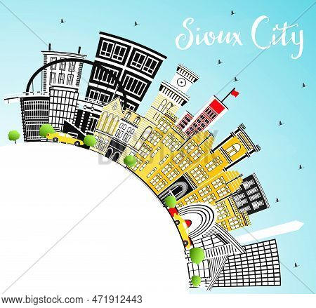 Sioux City Iowa Skyline With Color Buildings, Blue Sky And Copy Space. Vector Illustration. Business