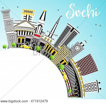 Sochi Russia City Skyline With Color Buildings, Blue Sky And Copy Space. Vector Illustration. Busine