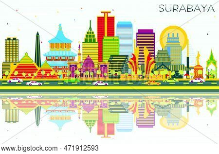Surabaya Indonesia Skyline With Color Buildings, Blue Sky And Reflections. Vector Illustration. Busi