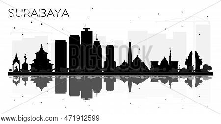 Surabaya Indonesia City Skyline Black And White Silhouette With Reflections. Vector Illustration. Si