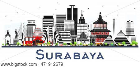 Surabaya Indonesia Skyline With Gray Buildings Isolted On White. Vector Illustration. Business Trave