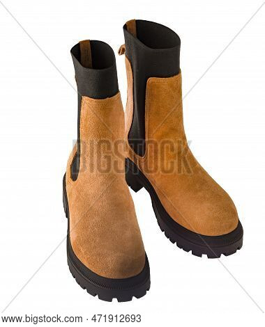 A Pair Of New Fashionable Boots With Thick Tractor Soles. Suede Leather Shoes. Beige Brown Boots Iso