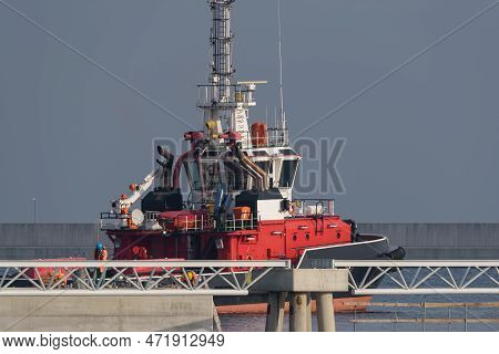 Swinoujscie, West Pomeranian - Poland - 2022: Fireboat Is Maneuvering In Harbor