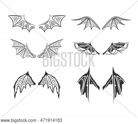 Gargoyle, Demon, Devil Wing Set. Vector Collection In Line Art.