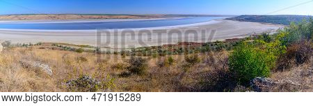 Panorama Of The Upper Reaches Of The Drying Estuary Kuyalnik, Self-sedimentary White Salt At The Bot