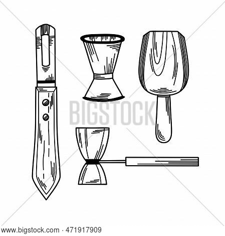 Set Of Bar Accessories With Jigger, Ice Scoops And Chanel Knife To Create Decorative Elements