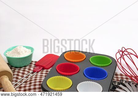 Set Of Kitchen Utensils And Ingredients For Bakery On White Background. Materials Or Kitchen Equipme