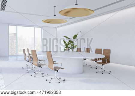 Contemporary Light Meeting Room Interior With Furniture, Window With City View And Daylight. Boardro