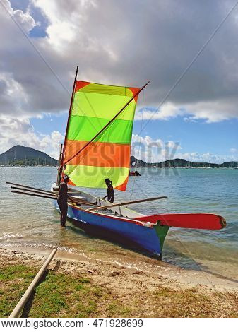 Martinique, February 2023: Martinique Island Yawls And Crew In Caribbean Sea Under Tropical Blue Sky