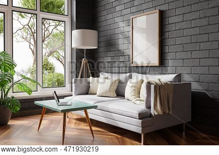 Cozy Living Room Interior In Room Corner; Sunlight Shining Trough Window; Floorlamp And Couch Table 