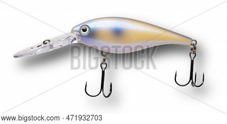 Large Blue And Yellow Artificial Crankbait For Fishing With Treble Hooks And A Shadow Behind