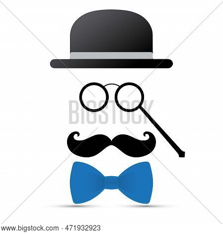Black Mustache, Lorgnette, Hat And Blue Bowtie On White Background