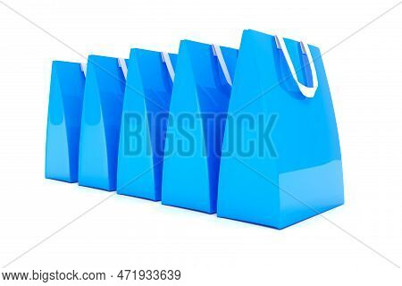 3d Render - Five Blue Shopping Bags Over White Background.