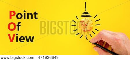 Pov Point Of View Symbol. Concept Words Pov Point Of View On Yellow Paper On A Beautiful Yellow Back