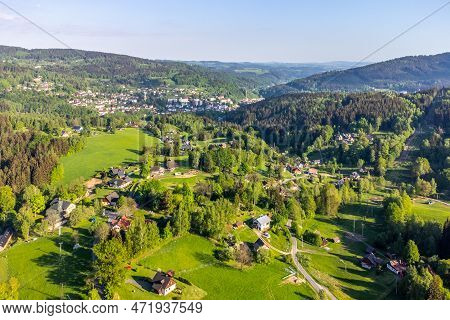 Zdar - Part Of Tanvald Town In The Middle Of Green Hills Of Jizera Mountains On Sunny Summer Day. Cz