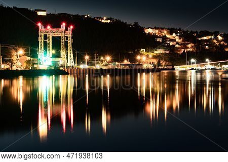 Newfoundland Night Long Exposure Scene Of The Town Of Placentia With Street Lights And The Sir Ambro