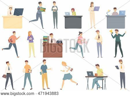 Late Work Icons Set Cartoon . Daily Hour. Morning Time Work