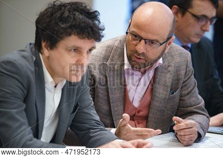 Bucharest, Romania - March 03, 2023: Razvan Aurelian Munteanu (r), Head Of Amccrs, Speak With Genera