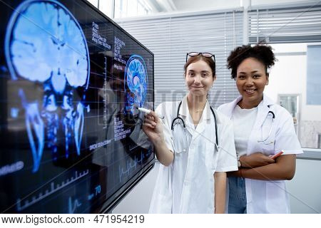 Group Of Medical Student Study In Class Room. Medical Students Studying Human Brain Disease Diagnosi