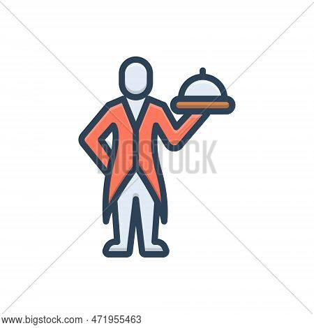 Color Illustration Icon For Butler Servant Man-servant Tray Cloche Waiter Service Person Cook