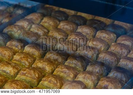 Close Up Of A Pistachio Baklava. Traditional Middle Eastern Flavors. Fıstıklı Baklava.