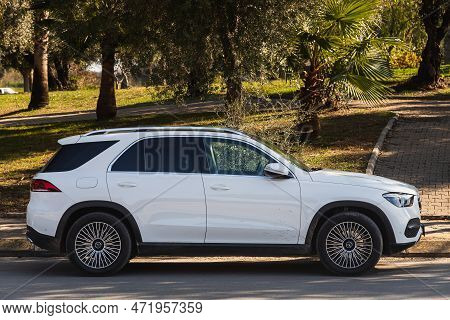 Side , Turkey -  January  27, 2023:    White Mercedes Benz Gle-class   Is Parked  On The Street On A