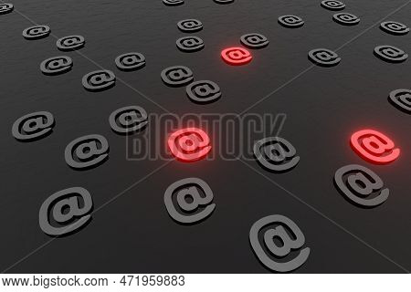 Email Marks Or At Sign Icon On Black Background 3d Render. At Symbol, Commercial At, Or Address Sign