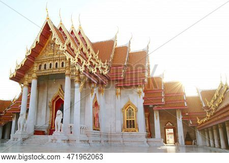 Sunbeam Shining On The Gable Roofs Of The Marble Temple Or Wat Benchamabophit, Historic Temple In Ba