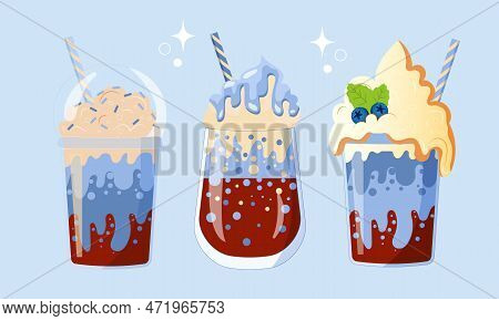 Set Of Coffee With Blue Syrop. Coffe With Blueberry, Blue Background. Vector Illustration