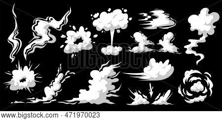 Smoke Clouds Set, Wind Stream, Comic Space. Cartoon Dust White Silhouette, Graphic Bouffant Effect, 