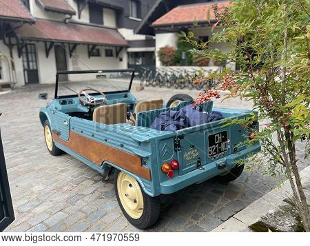 Talloires, France - 15 September 2022: A Vintage Citroen Mehari Open Car Or Convertible In Blue Is P