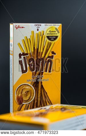 Bangkok, Thailand - March 4, 2023 : Biscuit Stick Box With Pocky Brand, Pocky Nutty Almond Flavour, 