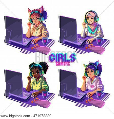 Diverse Girls Gamers Or Streamers Sitting At A Computer In Headset With Cat Ears