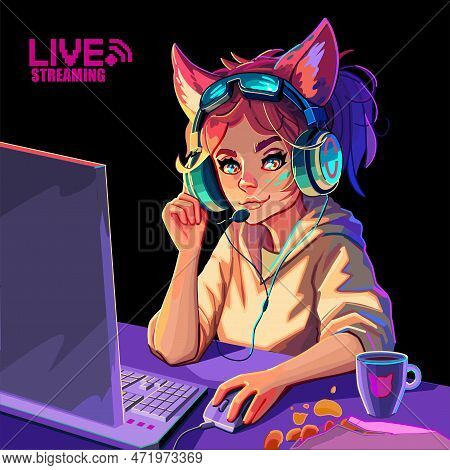 Girl Gamer Or Streamer With Cat Ears Headset Sits At A Computer.