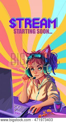 Girl Gamer Or Streamer With Cat Ears Headset Sits At A Computer.