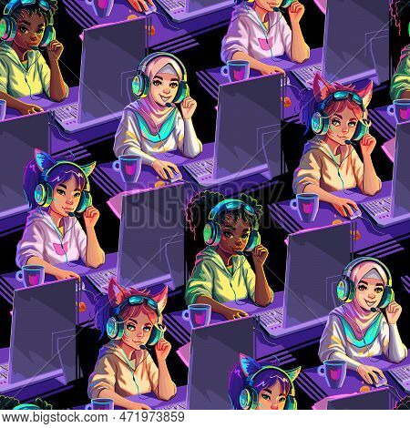 Abstract Seamless Pattern Of Diverse Girls Gamers Or Streamers Sits In Front Of A Computers.