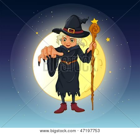 Illustration d'une sorcière tenant debout bâton au centre de la pleine lune