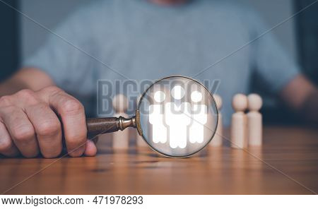 Teamwork Team Leader Hrm Or Human Resource Management, Businessman Holding Magnifying Glass With Ico