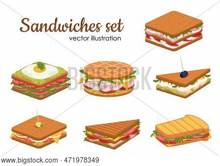Set Of Delicious Juicy Sandwiches Filled With Vegetables, Cheese, Meat, Bacon. Crispy Toast, Croissa