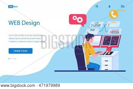 Web Design Landing Page. Developer Programming Software. Man Working At Computer. Backend Java Coder