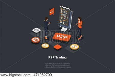 P2p, Peer To Peer Online Platform For Exchanging Cryptocurrency, Financial Technology Concept. Femal