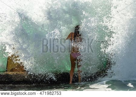 Girl Unrecognizable Person Standing On Beach Tidal Swimming Pool Wall Headon Encounter Face To Face 