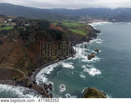 Atlantic Ocean Coastline Near Famous Landmark And Film Location In North Of Spain, Ocean Islet With