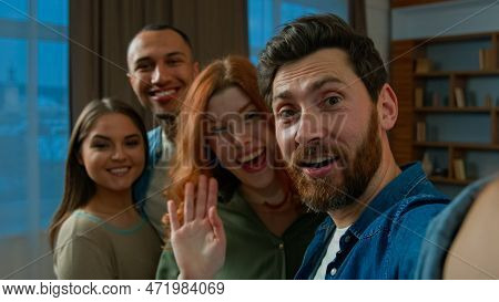 Bearded Man Blogger Holding Mobile Phone Invite Friends Colleagues For Group Photo Diverse Men Women