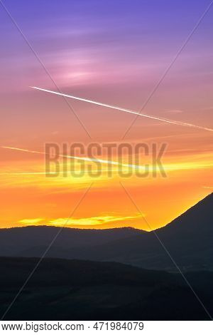 Beautiful Sunset Sky In The Mountains, Natural Landscape, Closeup Of Photo, Plane Condensation Trail