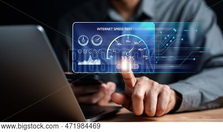 Fast Internet Connection Speedtest Bandwidth Network Technology, Man Using Internet High Speed By Sm